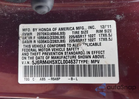 2012 Honda Cr-V Ex z USA, uszkodzony, nr VIN 5J6RM4H5XCL004637
